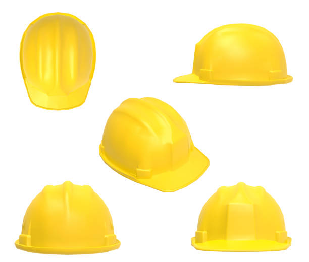 고립 된 흰색 배경 3d 렌더링에 노란색 헬멧 - protective workwear hat violence construction 뉴스 사진 이미지