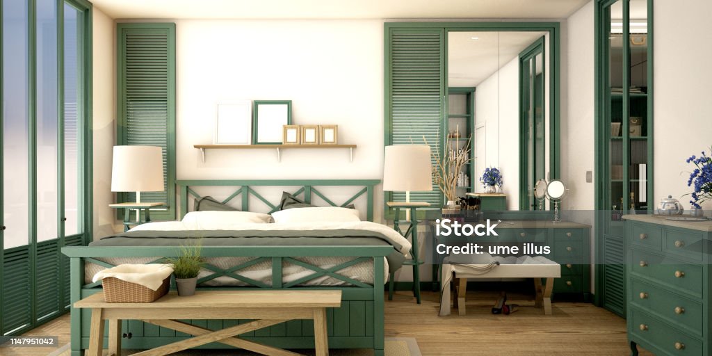 bedroom interior design in vintage style,3d iluustration,3d rendering Apartment Stock Photo