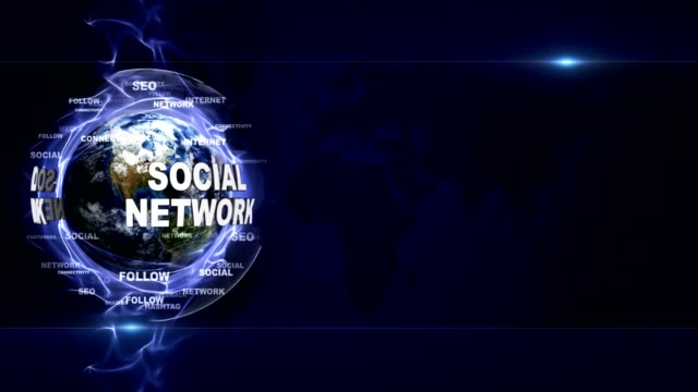 Social Network Text Animation around Earth, Background, Rendering, Loop