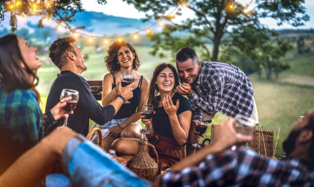 jeunes amis ayant l’amusement au vignoble après le coucher du soleil-les gens heureux le camping millénaire à l’air libre pic nic sous les lumières d’ampoule-concept d’amitié de jeunesse avec les garçons et les filles buvant du vin à la part - wine dinner party drinking toast photos et images de collection