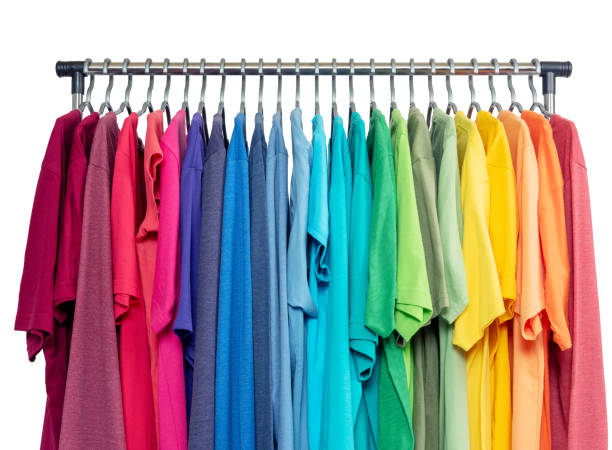 istock Mobile rack with color clothes, isolated on white background, close up view. File contains a path to isolation. 1147959579