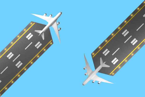 duas pistas com vista superior dos aviões de passageiro - runway airplane airport three dimensional shape - fotografias e filmes do acervo