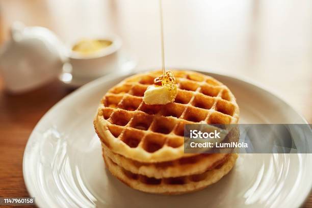 Wake Up To The Deliciousness Of Waffles Stock Photo - Download Image Now - Waffle, Breakfast, Syrup