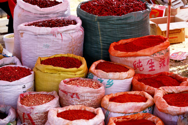 Spice bags in a market stall of Shaxi in Yunnan, China stock photo