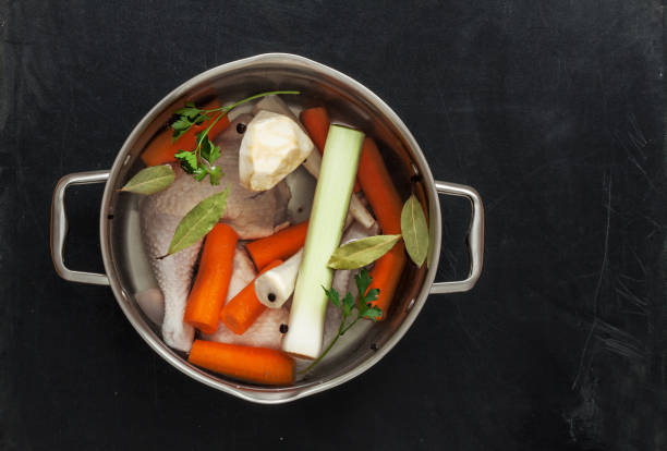 istock Preparing chicken stock with vegetables (bouillon) in a pot, view from above 1147962309