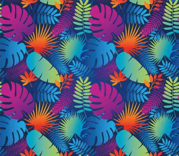 Vector illustration of Tropical Leaf Seamless Pattern in Dark Indigo Blue.