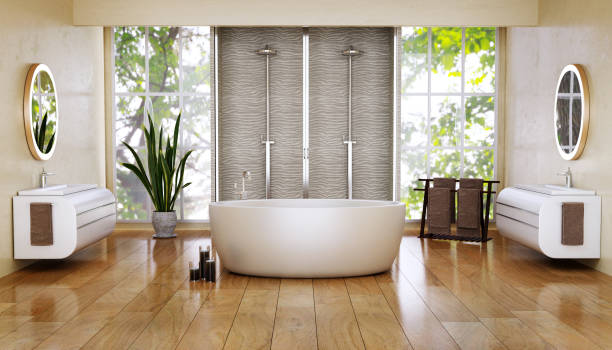 3D render of modern bathroom with wooden floor.