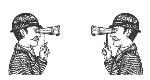 engraved secret spies Vector illustration of engraved secret spies - danger villains searching for private information concept as a vintage men looking through binoculars on each other. steampunk style stock illustrations