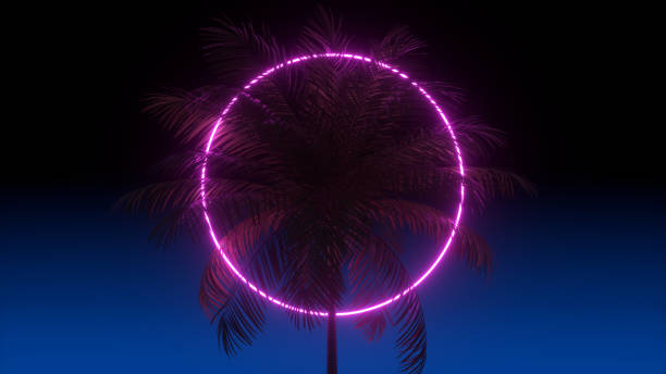 istock 3D vaporwave render background with neon circle, palms and night blue sky. Synthwave 1980s rentowave illustration. 1147963273