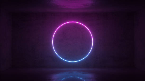 istock 3d render of neon circle frame on background in the room. Banner design. Retrowave, synthwave, vaporwave illustration. 1147963305
