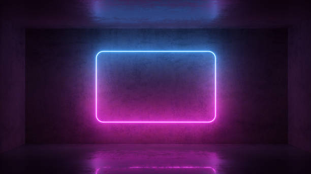 istock 3d render of neon frame on background in the room. Banner design. Retrowave, synthwave, vaporwave illustration. 1147963345