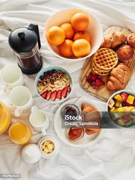 Good Mornings Are Made With Good Breakfast Stock Photo - Download Image Now - Breakfast, Bed - Furniture, Healthy Eating