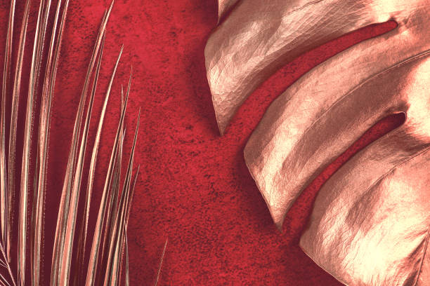 istock golden palm and monstera leaves on abstract red textured background 1147966499