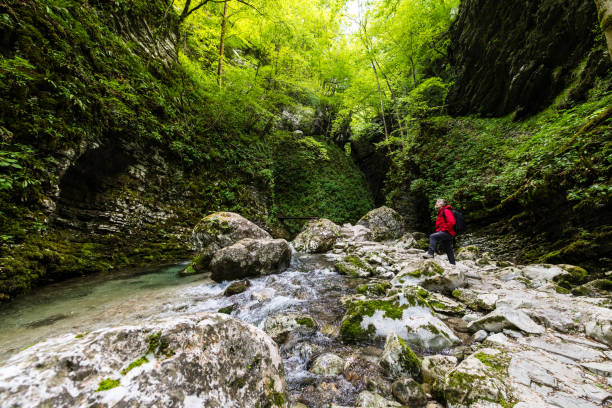 Man admiring the Amazing Kozjak canyon path in Julian Alps near Kobarid, Slovenia Adventurist exploring the paths of the Amazing Kozjak waterfall in Julian Alps canyon near Kobarid, Slovenia primorska stock pictures, royalty-free photos & images