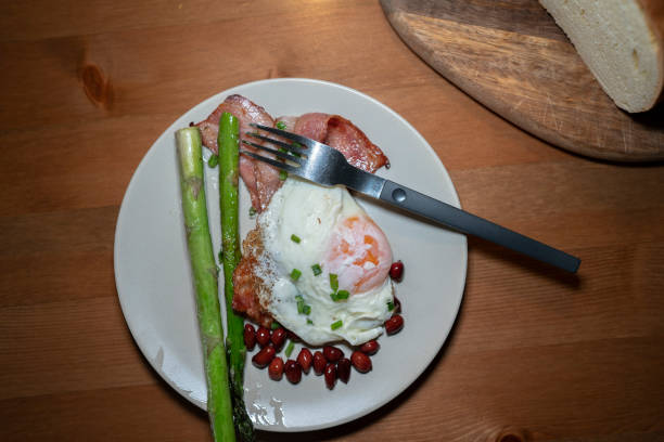 homemade easy breakfast: fried egg, asparagus and bacon