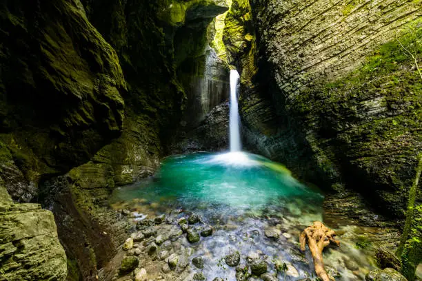 Photo of Beautiful Kozjak waterfall hidden in Julian Alps canyon near Kobarid in Slovenia