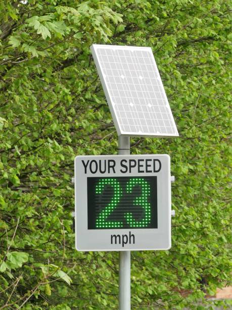 istock Solar powered speed radar by country road 1147970380