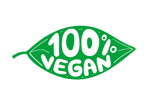 Green leaf with rubber stamp effect and hand lettering of the text 100 percent vegan.