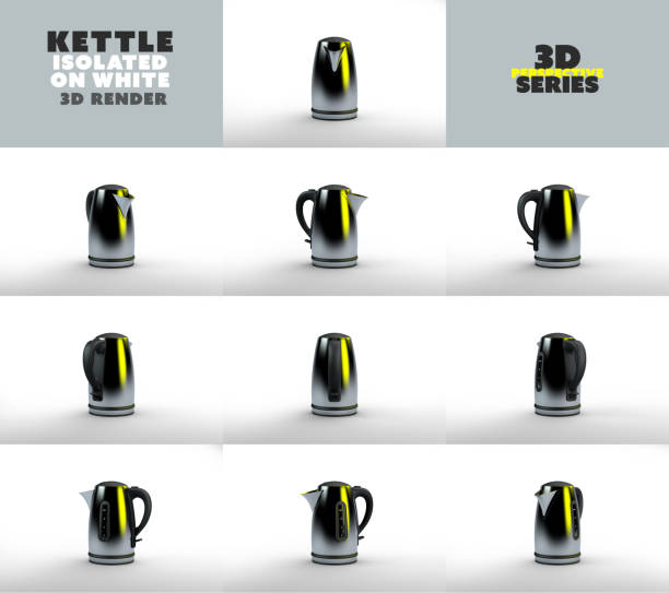 3D rendering different angles set of electric kettle of silver color on a white background