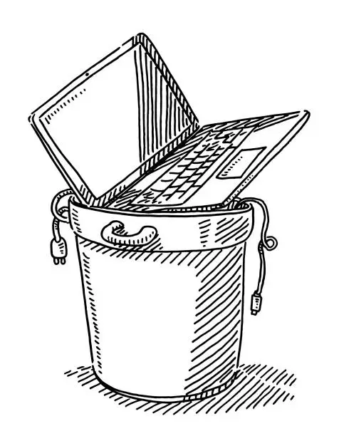 Vector illustration of Trash Can With Old Laptop Computer And Cables Drawing