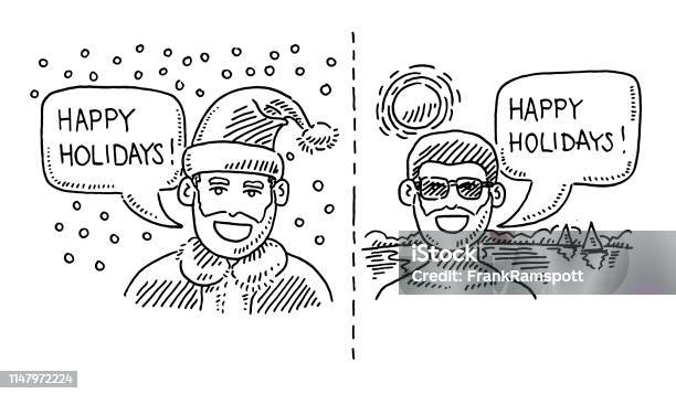 Happy Holidays Man Speech Bubble Winter Summer Drawing Stock Illustration - Download Image Now