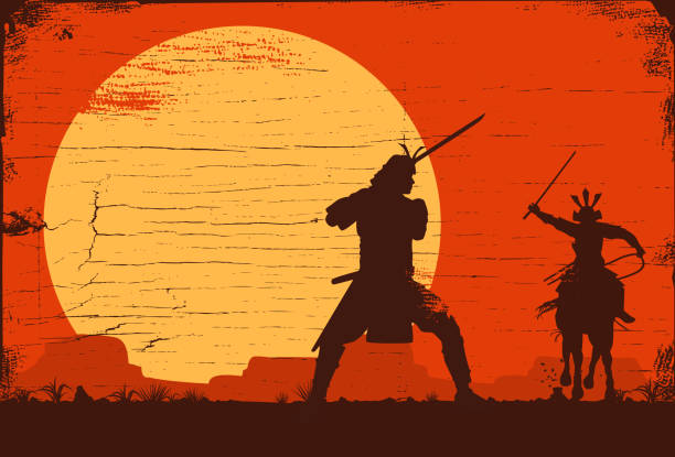 istock Silhouette of Japanese samurai warrior with sword and riding horse, Vector 1147974721