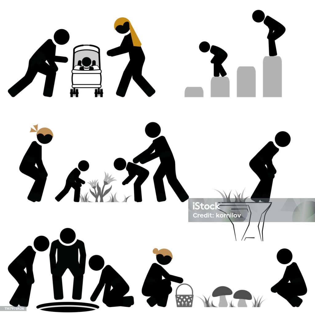 Pictogram scene of looking down and bending forward Real life situations of bending forward. People stock vector