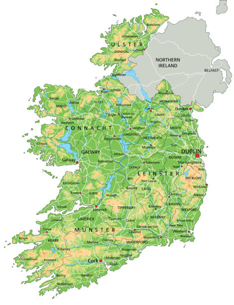 ilustraciones, imágenes clip art, dibujos animados e iconos de stock de alto mapa físico detallado de irlanda con el etiquetado. - northern ireland