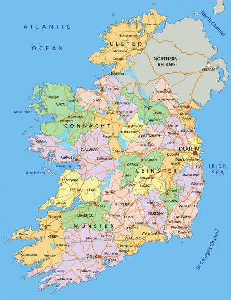 Vector illustration of Ireland - Highly detailed editable political map with labeling.