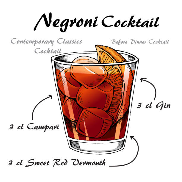 ilustrações, clipart, desenhos animados e ícones de ilustração do vetor do esboço alcoólico do negroni do cocktail - orange portion fruit drink