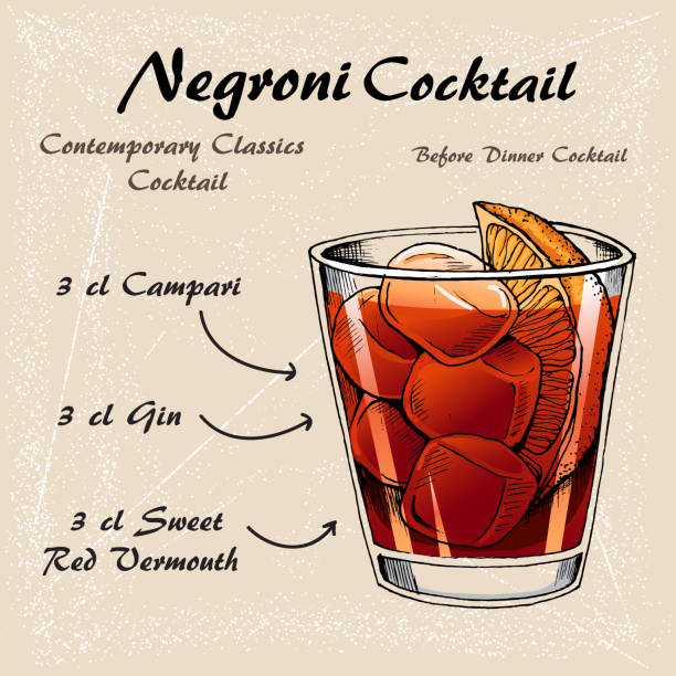 ilustrações, clipart, desenhos animados e ícones de ilustração do vetor do esboço alcoólico do negroni do cocktail - orange portion fruit drink