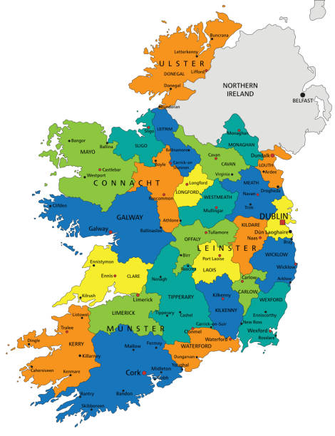 illustrations, cliparts, dessins animés et icônes de carte politique d’irlande colorée avec des couches clairement étiquetées, séparées. - cork