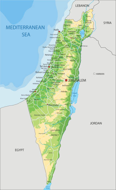 ilustrações, clipart, desenhos animados e ícones de mapa físico detalhado elevado de israel com rotulagem. - physical geography