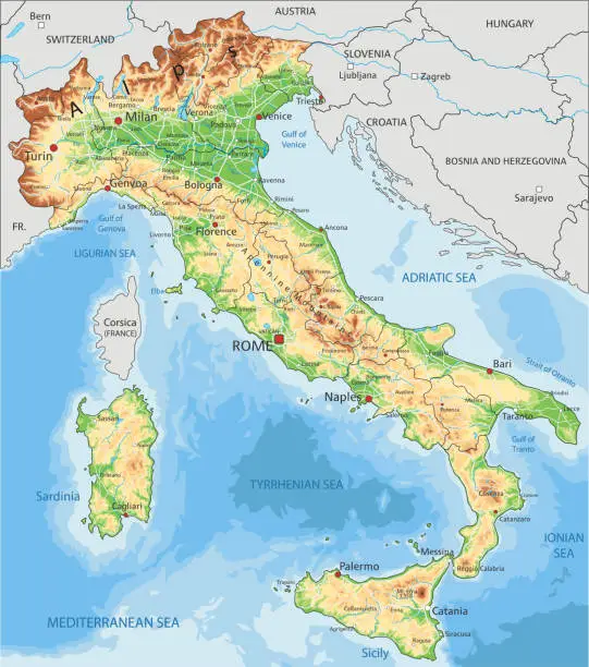 Vector illustration of High detailed Italy physical map with labeling.