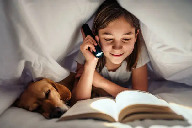 Girl lying in the bed with her small brown dog under blanket holding flashlight and reading book late at night