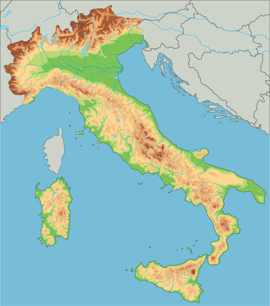 ilustrações, clipart, desenhos animados e ícones de mapa físico detalhado elevado de italy. - physical geography