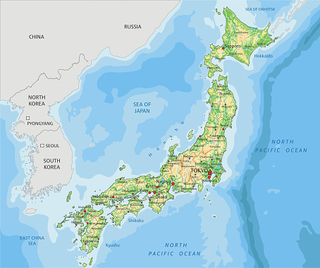 High detailed Japan physical map with labeling. Organized vector illustration on seprated layers.