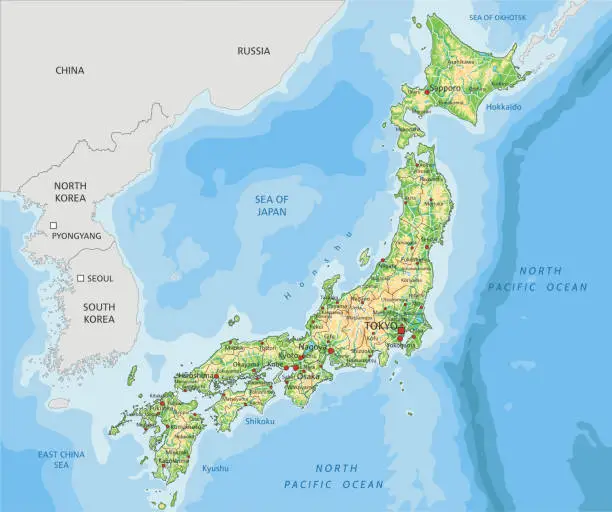 Vector illustration of High detailed Japan physical map with labeling.