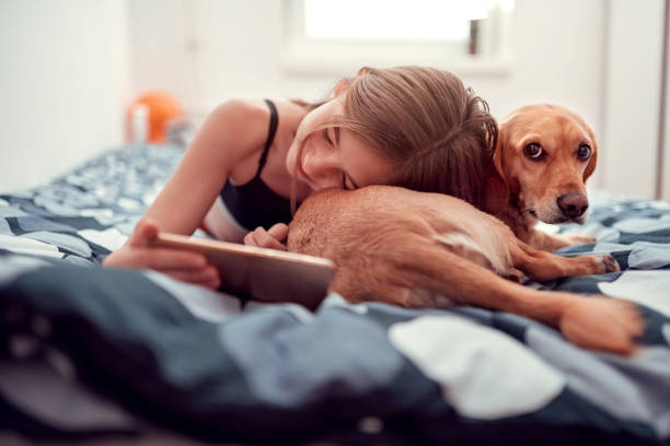 istock Girl using phone on the bed and embracing her dog 1147978393