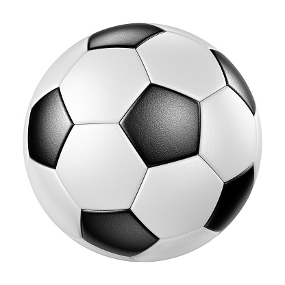 Classic design leather soccer ball isolated on white background. Traditional black and white football closeup. 3D illustration
