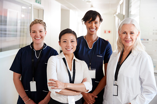 Portrait Of Female Medical Team Standing In Hospital Corridor