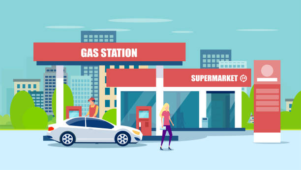 주유소, 슈퍼마켓 및 연료 자동차의 벡터 - gas station fuel pump station gasoline stock illustrations