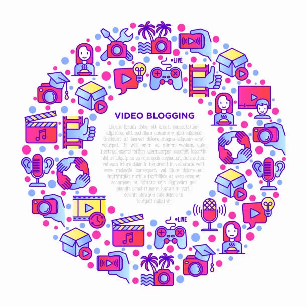 Vector illustration of Video blogging concept in circle with thin line icons: vlog, ASMR, mukbang, unboxing, DIY, stream game, review, collaboration, podcast, tips and tricks. Vector illustration, print media template.