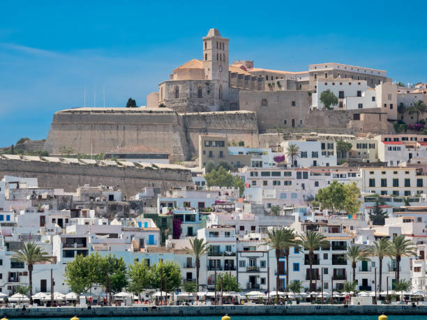 beautiful view from the mediterranean sea of the old town of dalt vila in ibiza, spain, the santa maria de las nieves cathedral and its typical ibicencan white houses. - ibiza town imagens e fotografias de stock