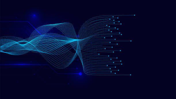 ilustraciones, imágenes clip art, dibujos animados e iconos de stock de líneas de ondas vectoriales fluyendo dinámicas sobre fondo azul para el concepto de tecnología de ia, digital, - artificial intelligence