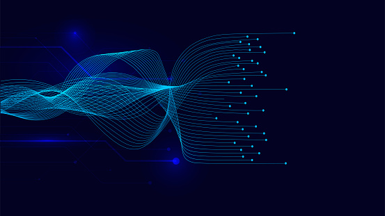Vector wave lines flowing dynamic on blue background for concept of AI technology, digital,
