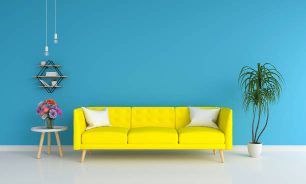 istock Yellow sofa  in blue living room, 3D rendering 1147982963