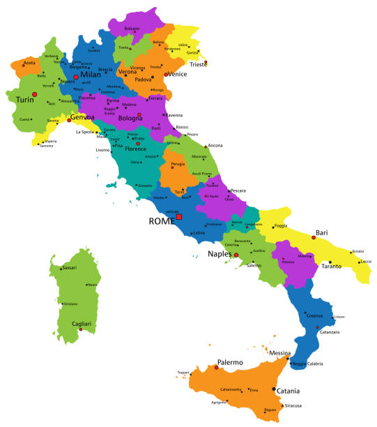 illustrazioni stock, clip art, cartoni animati e icone di tendenza di mappa politica dell'italia colorata con strati chiaramente etichettati e separati. - milan napoli