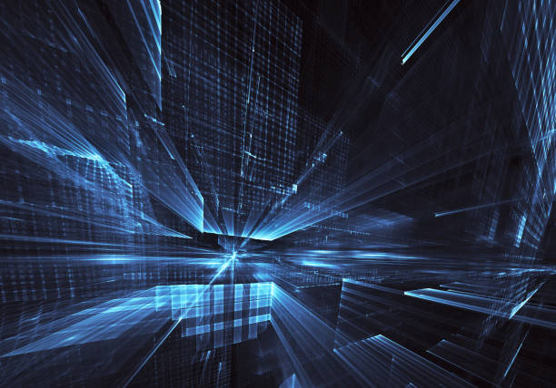 istock Abstract 3D fractal background, 3D illustration. Virtual Neon City 1147985028