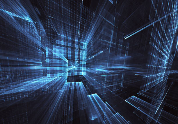 istock Abstract 3D fractal background, 3D illustration. Virtual Neon City 1147985081
